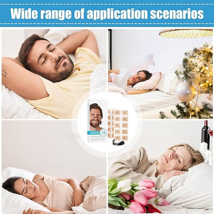 Pack of 15 skin-safe nasal strips and pads for anti-snoring, designed to improve breathing and promote better sleep.
