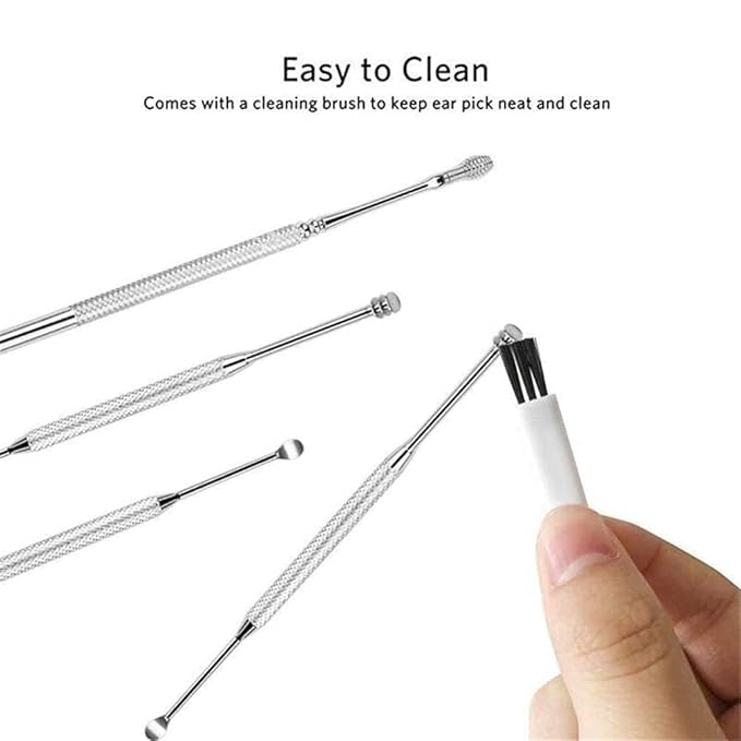 Silver reusable ear wax cleaning kit with ear remover tools and storage box, shown with multiple ear cleaning tools.