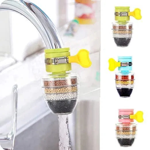 Activated carbon water faucet mount filter in assorted colors, for water purification, shown attached to a kitchen faucet.