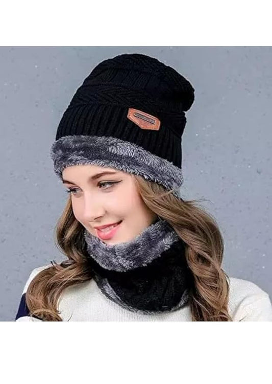 Multicolor woolen winter cap and beanie hat with matching neck warmer set for women, stylish and warm winter accessories.