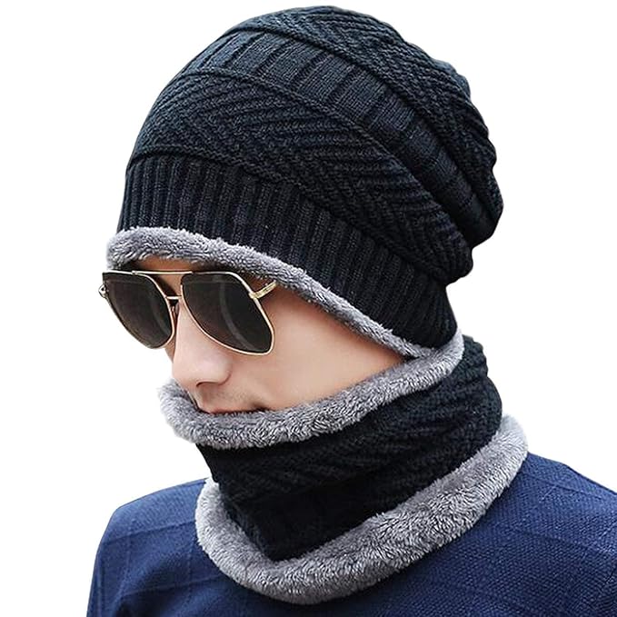 Multicolor woolen winter cap beanie hat with neck warmer set for women, stylish and warm seasonal accessory.