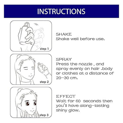 Shiny Glitter Spray for hair and body, perfect for night club parties and dating, featuring vibrant glitter in a spray bottle.