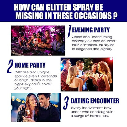 Shiny glitter spray for hair and body by 18279, featuring a shimmering, reflective finish for night club and party looks.