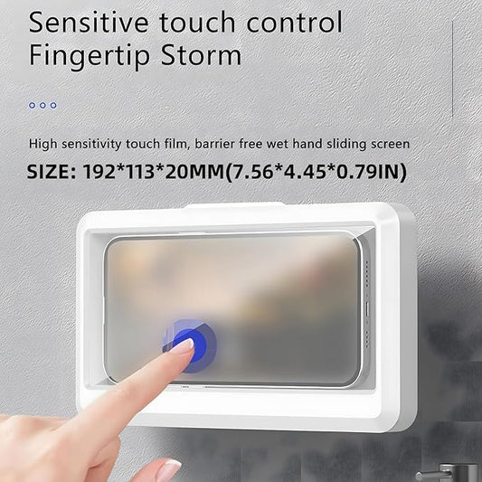 Blue waterproof shower phone holder by 18279, wall-mountable anti-fog case supports 6.8-inch touchscreens in bathroom.