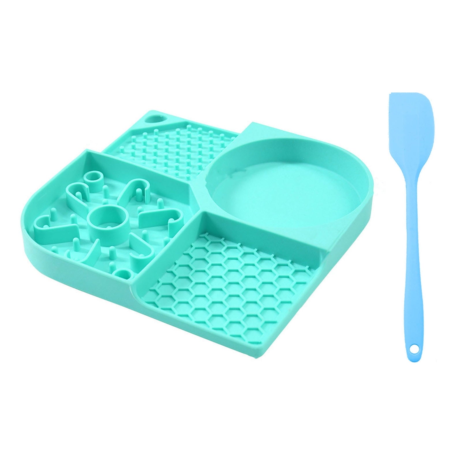 Flexible pet food bowl with four slots, suction cups, no odor, reusable, suitable for dogs and cats, designed for slow feeding.