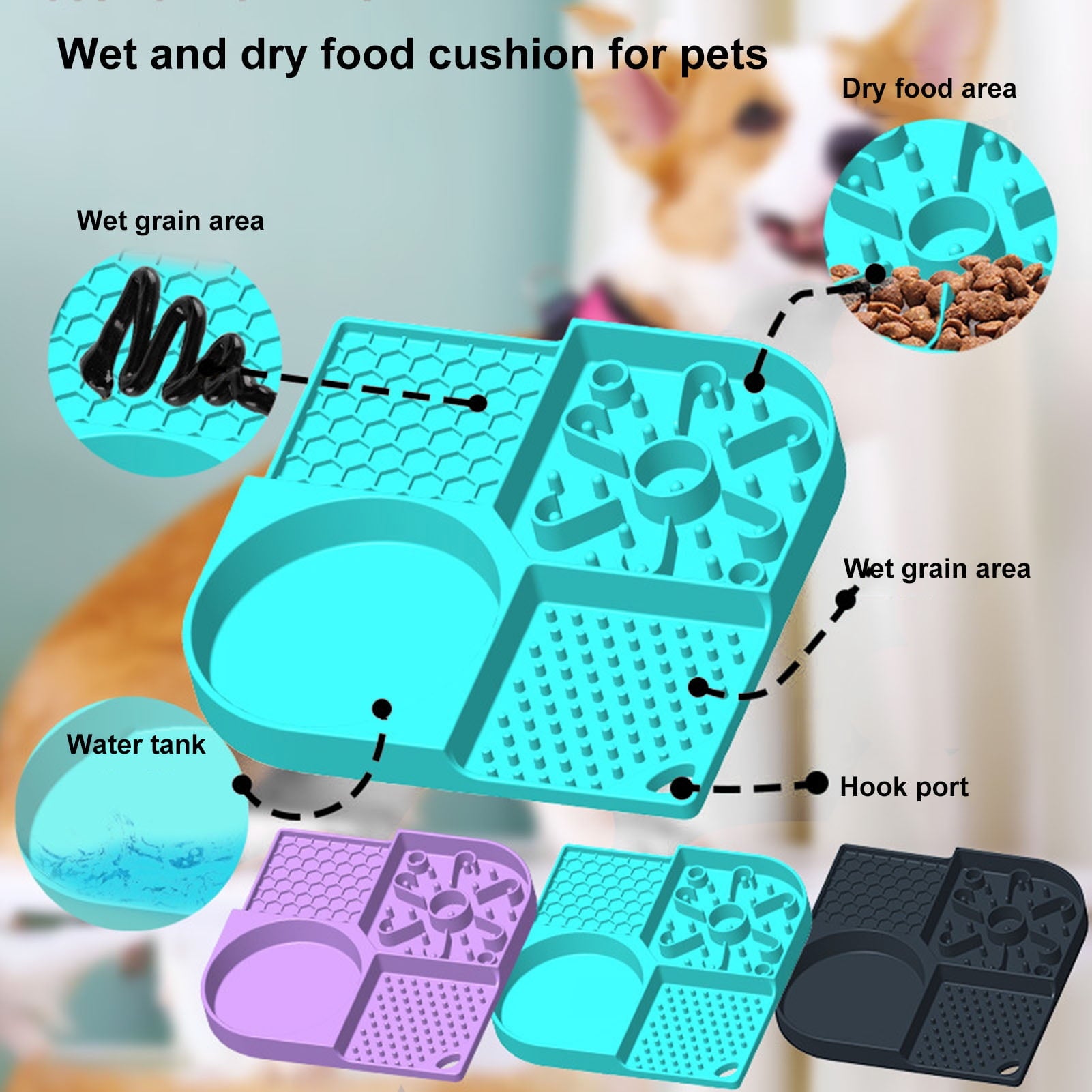 Flexible pet food bowl with 4 slots, suction cups, odor-free, reusable, suitable for dogs and cats, part of pet supplies.