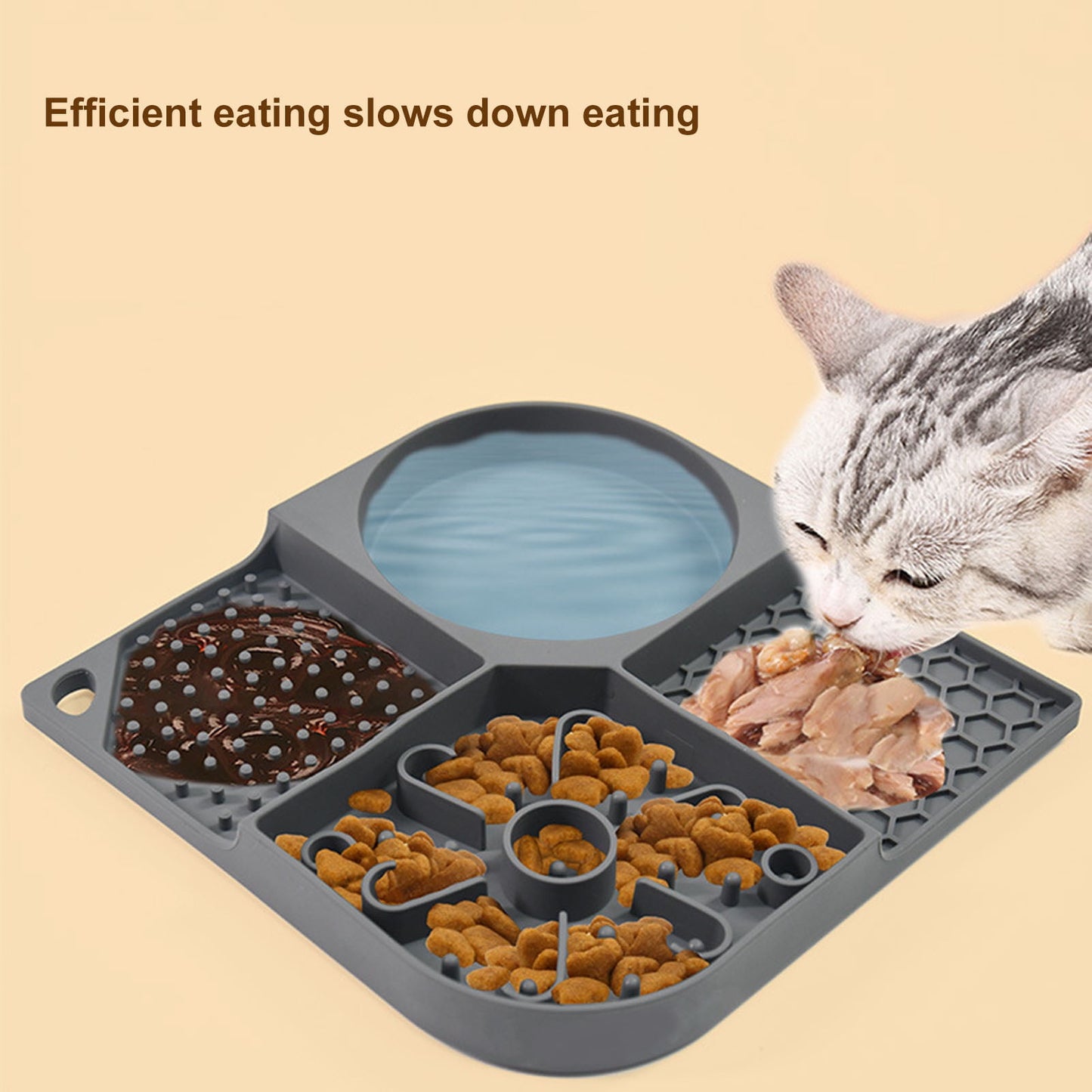Pet food bowl with four flexible slots, suction cups, and no odor, designed for slow feeding for dogs and cats.
