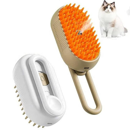 Steam pet brush for dogs and cats, 3-in-1 water and silicone massage brush, electric, USB rechargeable, multifunctional pet grooming tool.