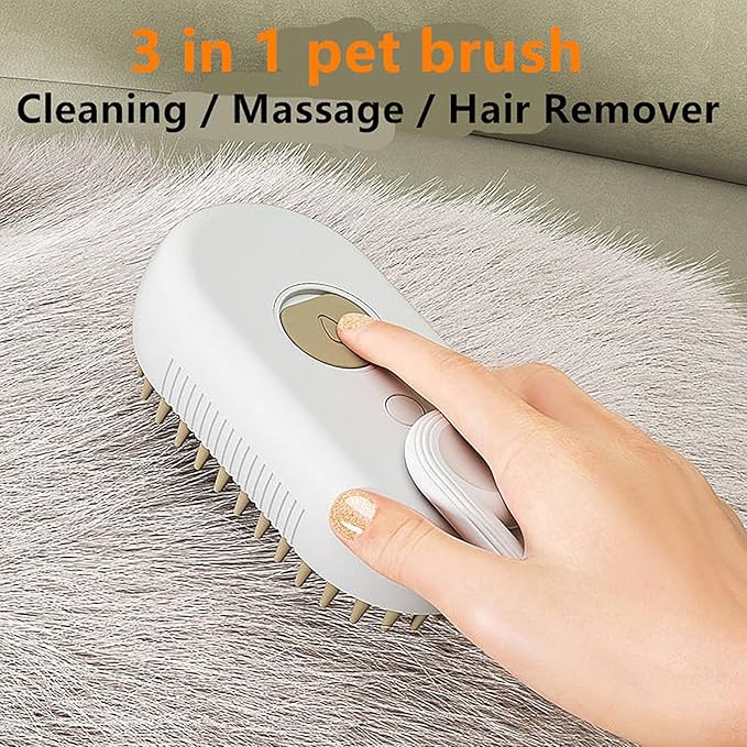 Electric 3-in-1 water steam brush for dogs and cats with silicone massage comb, USB rechargeable pet grooming tool.