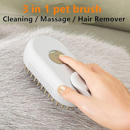 Electric 3-in-1 water steam brush for dogs and cats with silicone massage comb, USB rechargeable pet grooming tool.