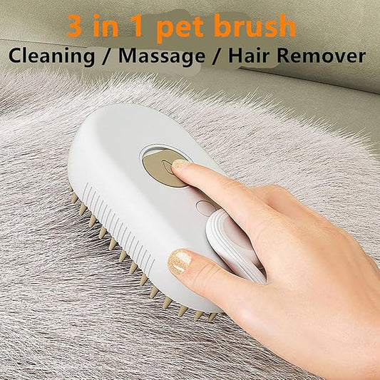 Electric 3-in-1 water steam brush for dogs and cats with silicone massage comb, USB rechargeable pet grooming tool.