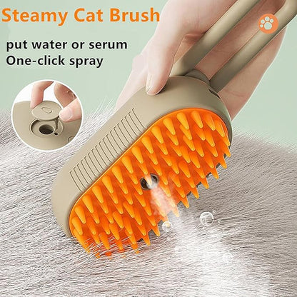 Electric 3-in-1 steam pet water brush for dogs and cats, silicone massage comb, USB rechargeable pet grooming tool.
