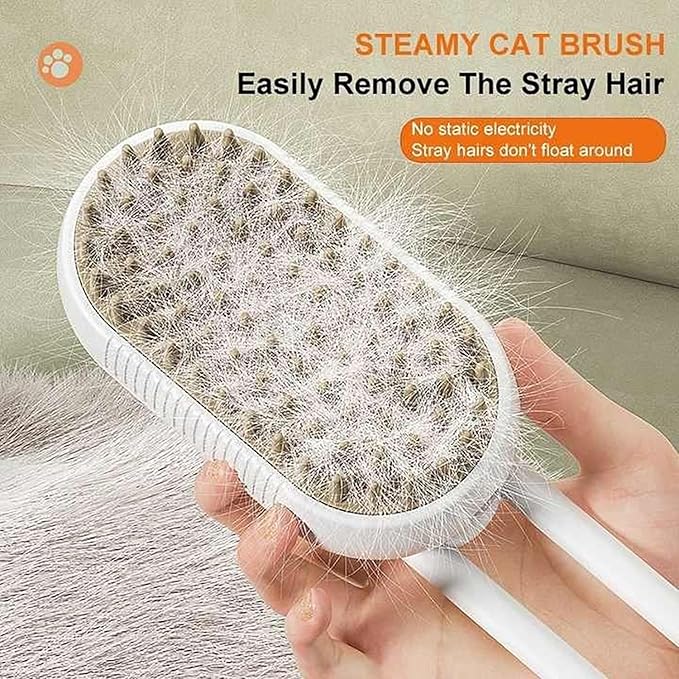 Electric 3-in-1 steam pet brush for dogs and cats, silicone massage comb, water spray, and USB rechargeable pet grooming tool.
