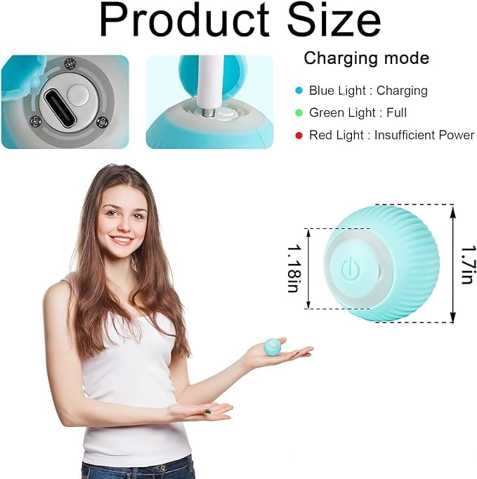 Multicolor automatic 360° rotating cat ball toy with LED lighting, USB rechargeable, for kitten and dog exercise and play.