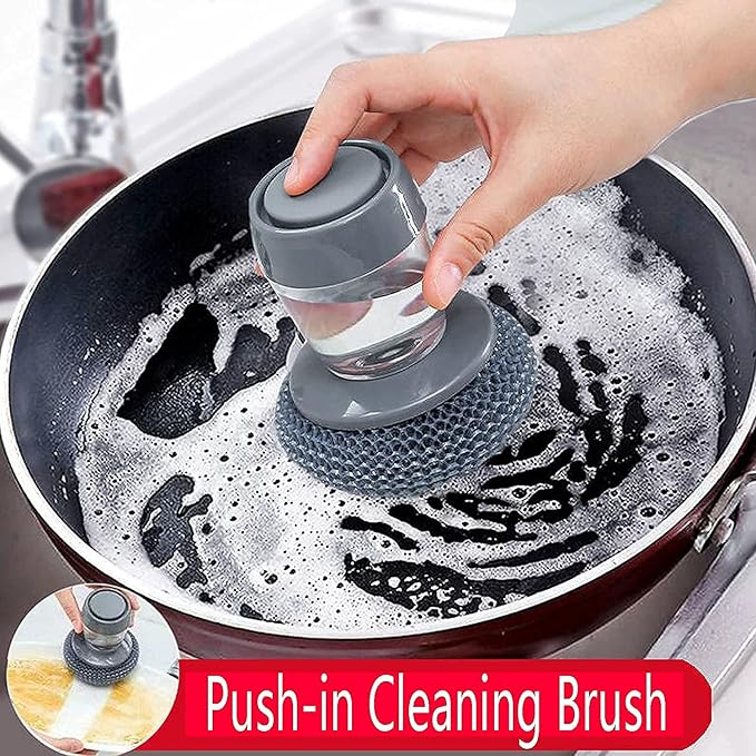 Soap dispensing dish brush with built-in liquid storage and lid, designed for kitchen dishwashing and cleaning.