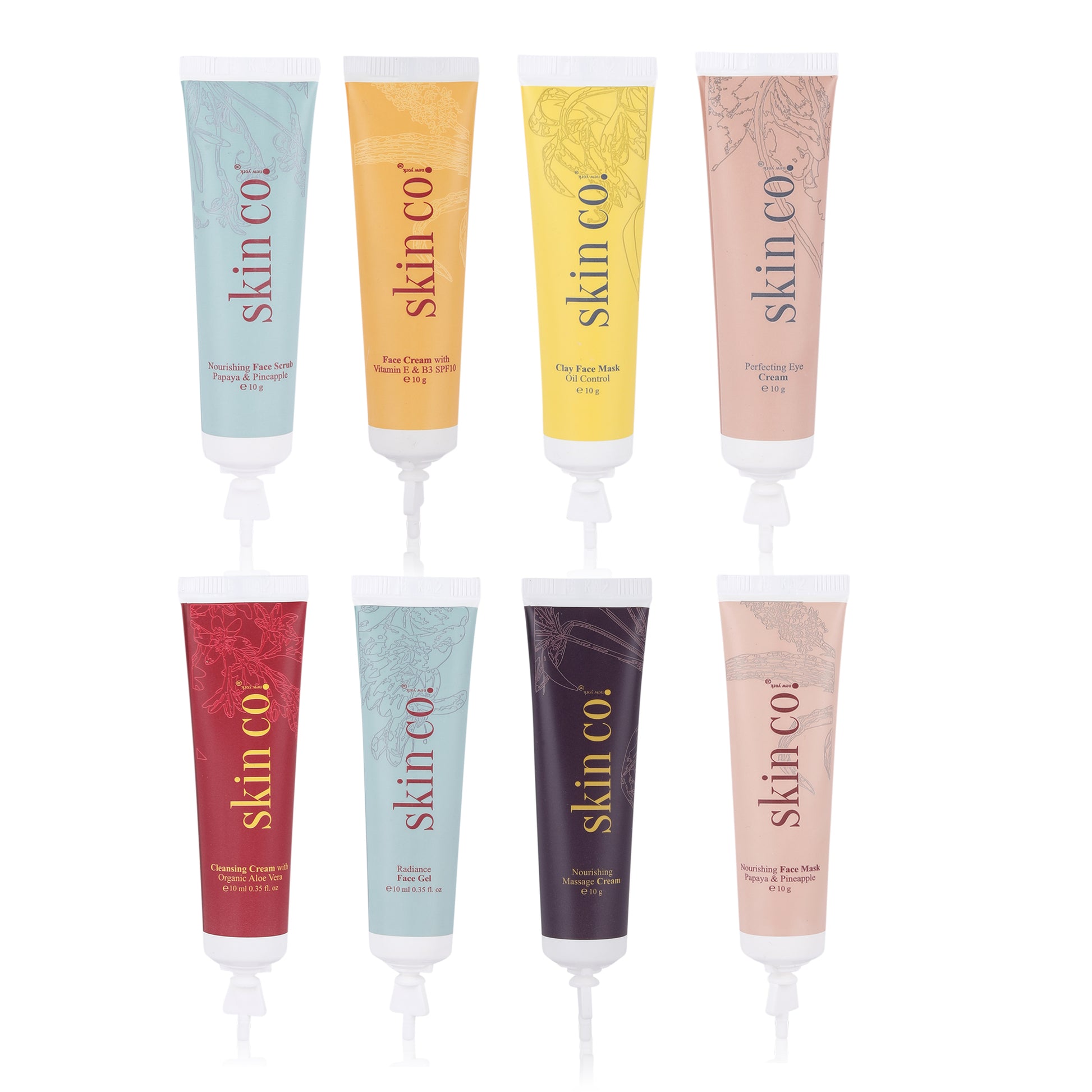 Multicolor Skin Co. NYC Dermaglow Anti Tan Nourishing Facial Kit with Vitamin E and B3, including creams and skincare products.