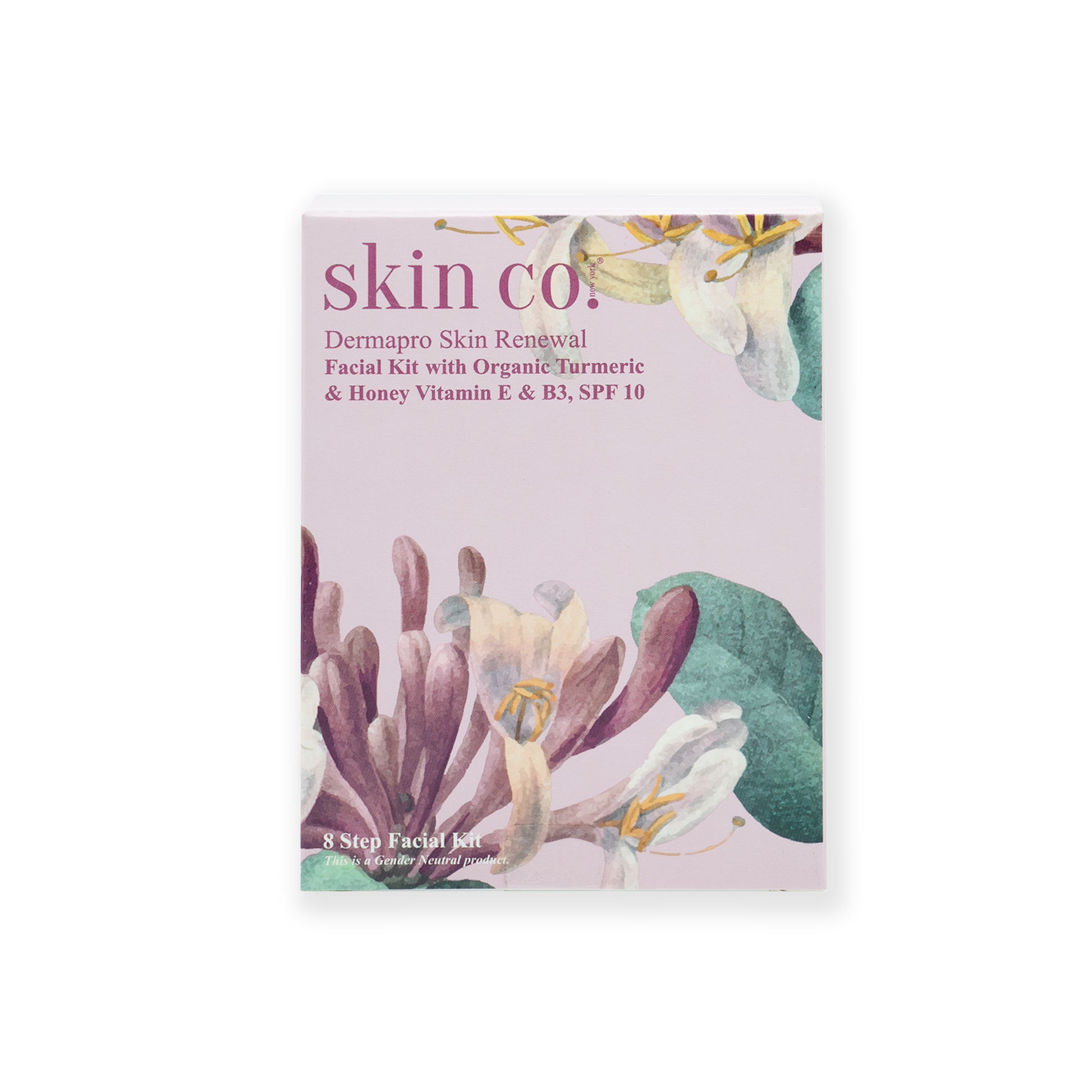 Facial kit from Skin Co. NYC Dermapro with organic turmeric and honey, featuring colorful skincare products for skin renewal.