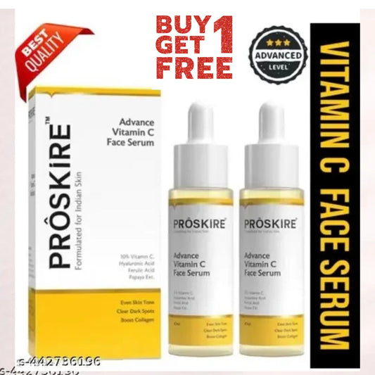 Two bottles of 18307 Proskire Advance Vitamin C Serum, a face oil and serum set in white packaging.