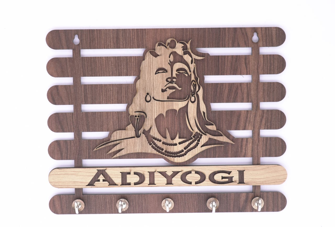 Brown Adiyogi wooden keyholder with multiple hooks, featuring intricate carved design for organizing keys and small accessories.