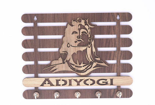 Brown Adiyogi wooden keyholder with multiple hooks, featuring intricate carved design for organizing keys and small accessories.