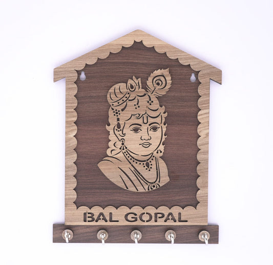 Brown Bal Gopal wooden keyholder with carved design, featuring multiple hooks for organizing keys and small items.