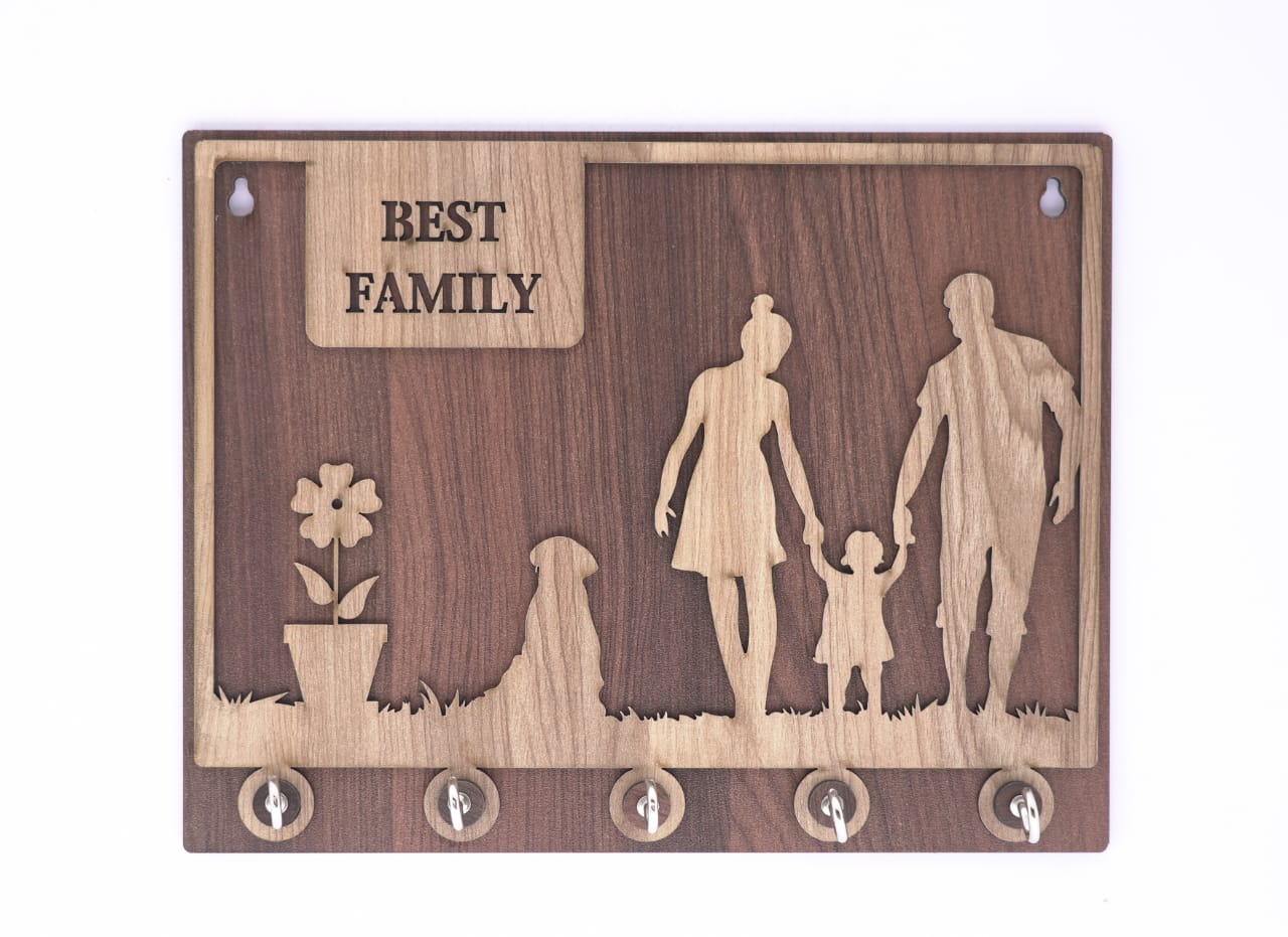 Brown wooden family keyholder with multiple hooks, designed for organizing keys and small items in a stylish way.
