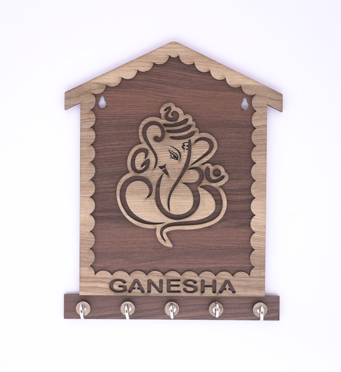 Brown Ganesh wooden keyholder by 18309, decorative key holder with intricate Ganesh design for organizing keys.