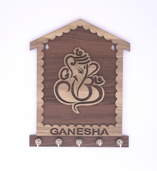 Brown Ganesh wooden keyholder by 18309, decorative key holder with intricate Ganesh design for organizing keys.