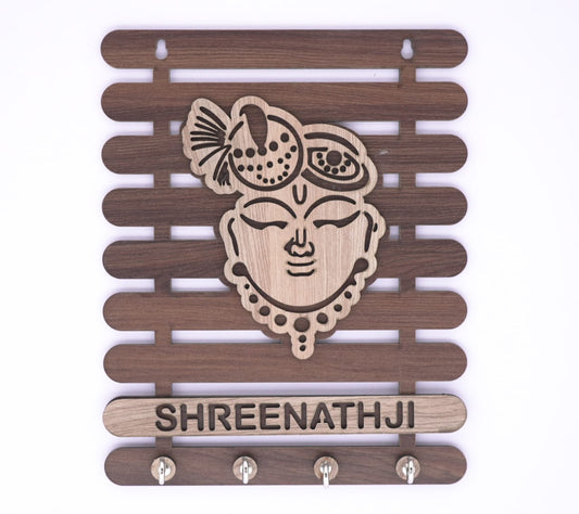 Brown ShreenathJi wooden keyholder with intricate carvings, designed for organizing keys in a stylish and spiritual way.