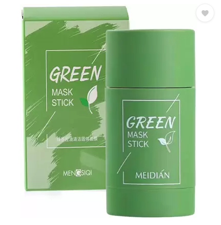 Green tea stick face mask for blackhead removal, blackhead remover cream by 18421, showing the product and application process.