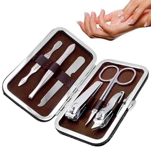 Silver SJ 6-in-1 nail art and manicure tool set with clippers, tweezers, cuticle nippers, and ear pick for grooming.