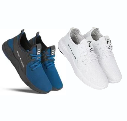 Pair of men's sports shoes in white and blue, size 6, from 18549, featuring sporty design and breathable material.