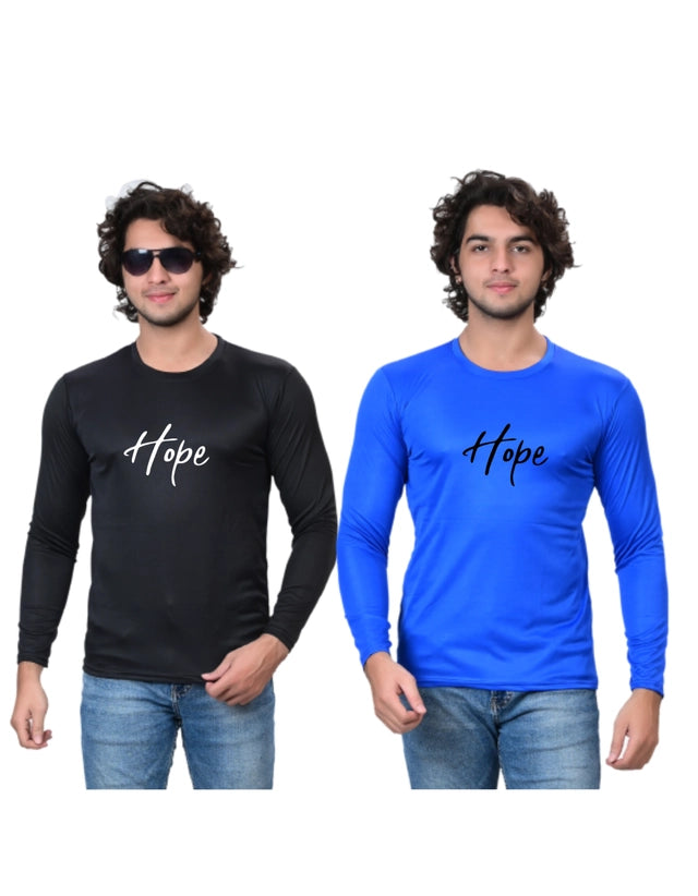 Pack of 2 men's round neck printed T-shirts in black and blue, size S, from brand 18594, featuring casual graphic designs.