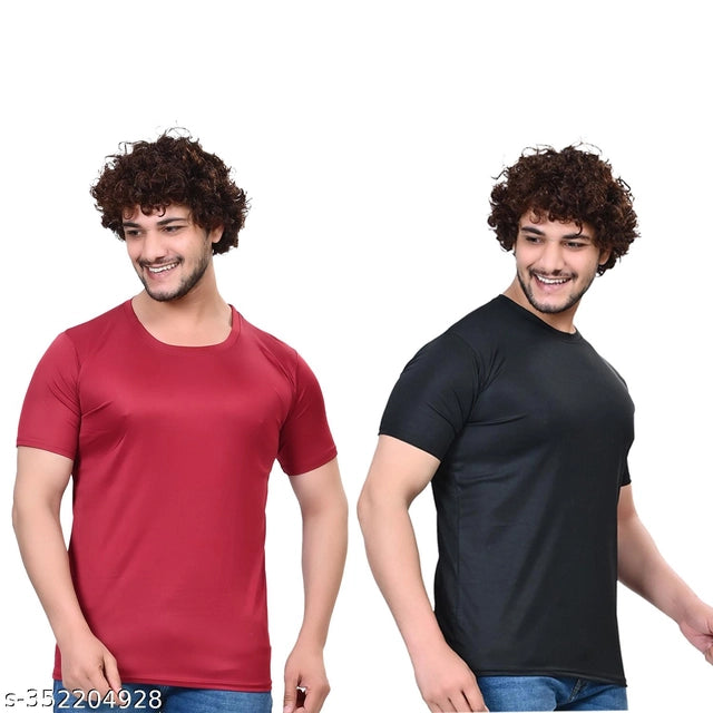 Pack of two men's solid round neck T-shirts in black and maroon, size small, by 18594.