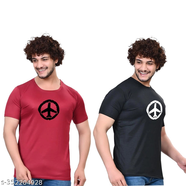 Pack of two men's cotton blend round neck printed T-shirts in black and maroon, size S, with bold graphic designs.
