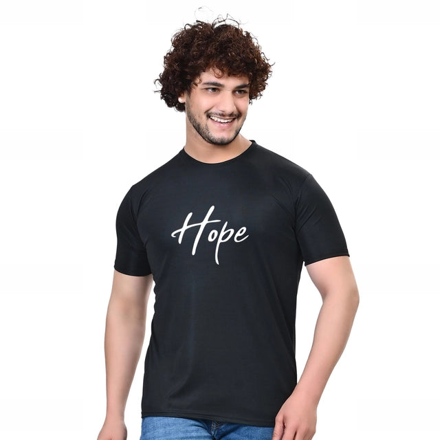 Black men's round neck printed T-shirt from 18594, casual fit, soft fabric, front graphic design, size small.