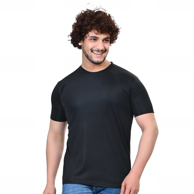 Black men's round neck solid T-shirt from 18594, casual fit, short sleeves, made of soft fabric, size small.