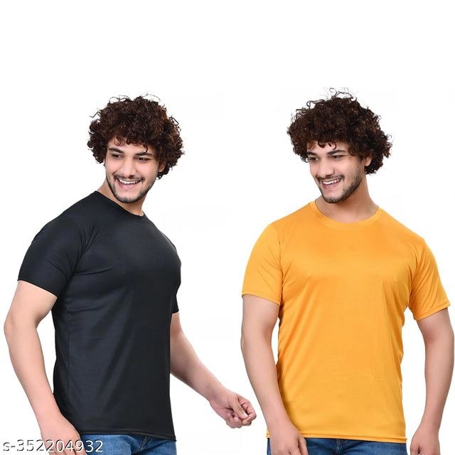 Pack of two men's round neck solid T-shirts in black and yellow, size S, from 18594, casual men's T-shirt set.