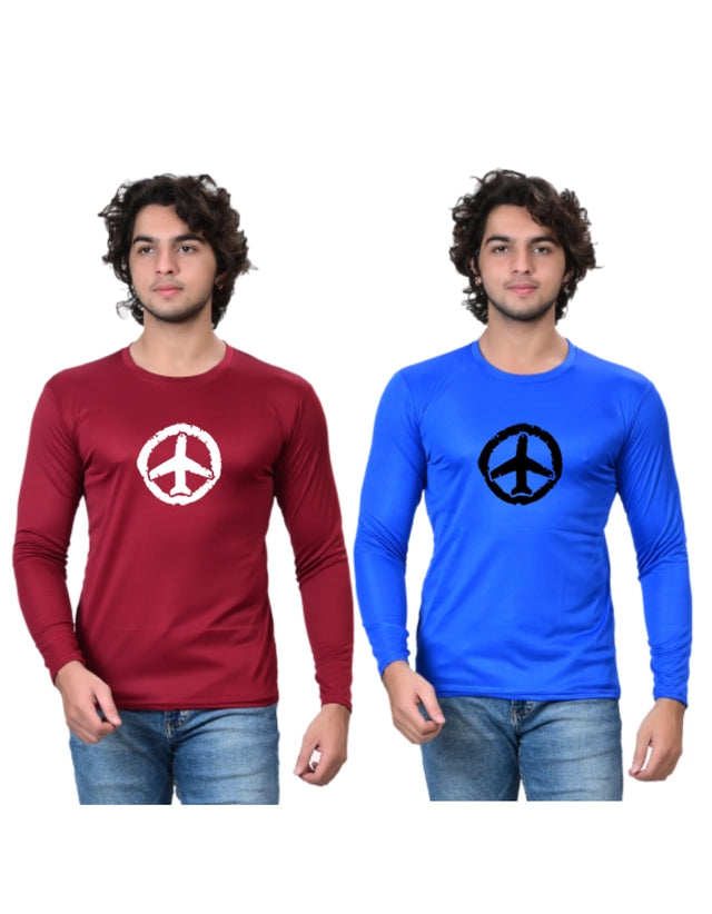 Pack of two men's cotton blend round neck printed T-shirts in blue and maroon, size small.