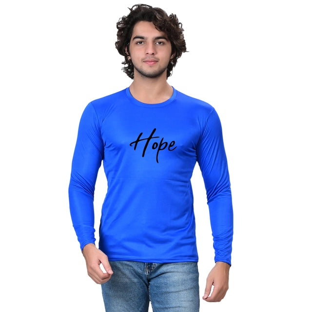Blue men's round neck printed T-shirt from 18594, casual fit with graphic design, size small, comfortable cotton fabric.