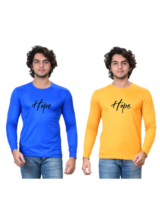Pack of two men's round neck printed T-shirts in blue and yellow, size S, featuring bold graphic designs by 18594.