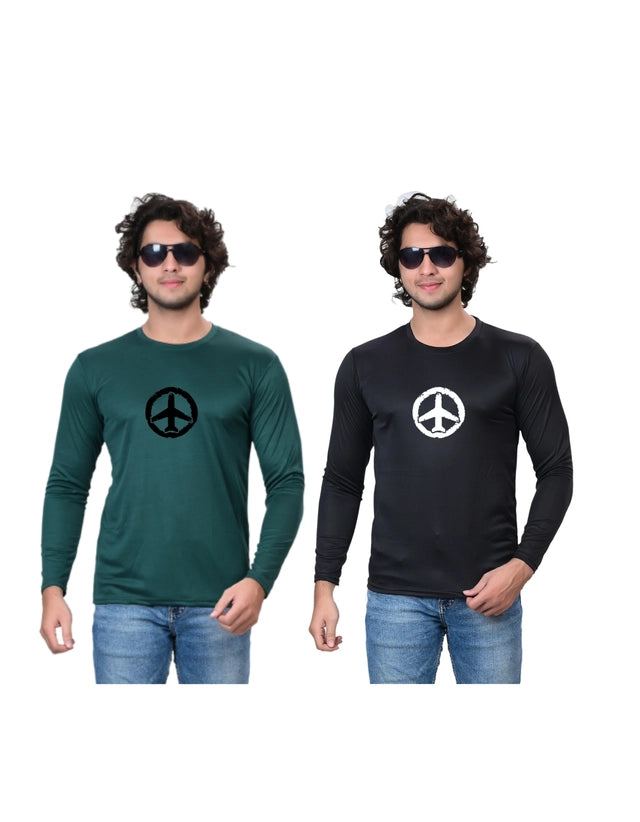 Pack of two men's cotton blend round neck printed T-shirts in green and black, size S, from 18594, casual and comfortable fit.