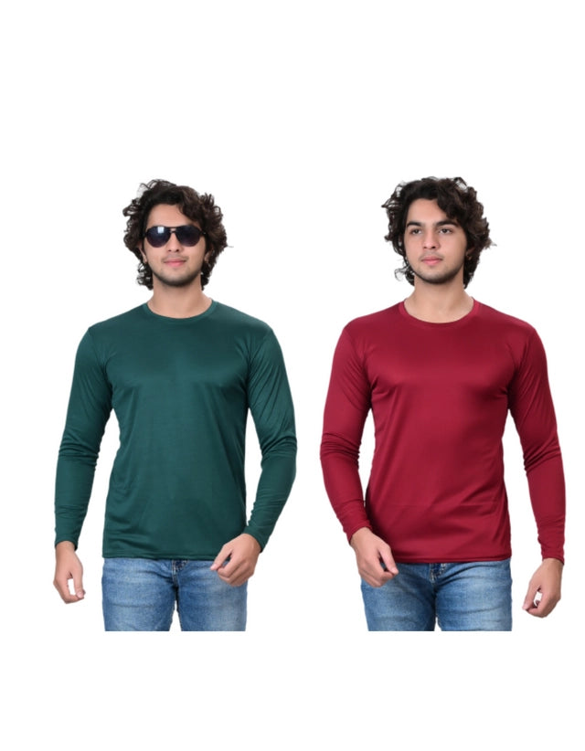 Pack of two men's solid T-shirts with round neck in green and maroon, size S, from 18594.
