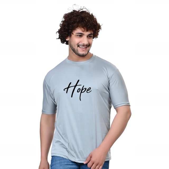 Grey men's round neck printed T-shirt from 18594, casual cotton tee with graphic design, size small.