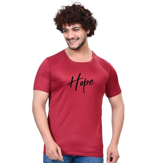 Maroon men's round neck printed T-shirt from 18594, casual short-sleeve T-shirt with graphic design, size small.