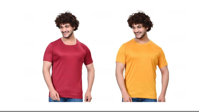 Pack of two men's round neck solid T-shirts in maroon and yellow, size small, by 18594, shown flat on a white background.