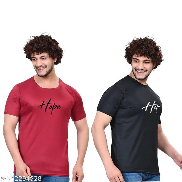 Pack of two men's round neck printed T-shirts in black and maroon, size S, from 18594. Casual, comfortable men's T-shirts.