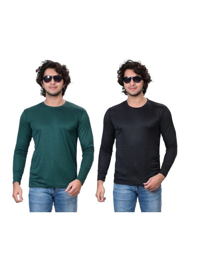 Pack of two men's round neck solid T-shirts in green and black, size S, from 18594, casual everyday wear for men.