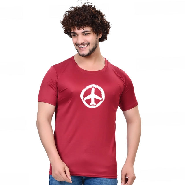 Maroon cotton blend round neck printed T-shirt for men, size S, from brand 18594, showcasing a casual men's T-shirt design.