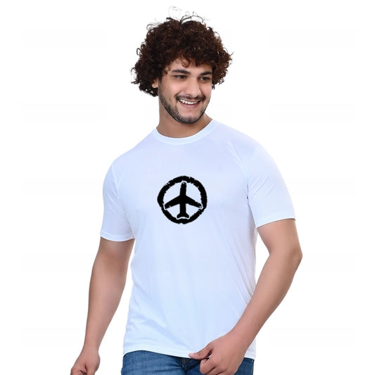 White cotton blend round neck printed T-shirt for men from 18594, featuring a casual fit and graphic design.
